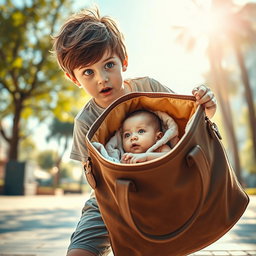 A captivating Hollywood-style scene featuring a young boy discovering a baby inside a stylish, large bag