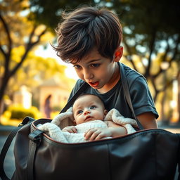 A captivating Hollywood-style scene featuring a young boy discovering a baby inside a stylish, large bag