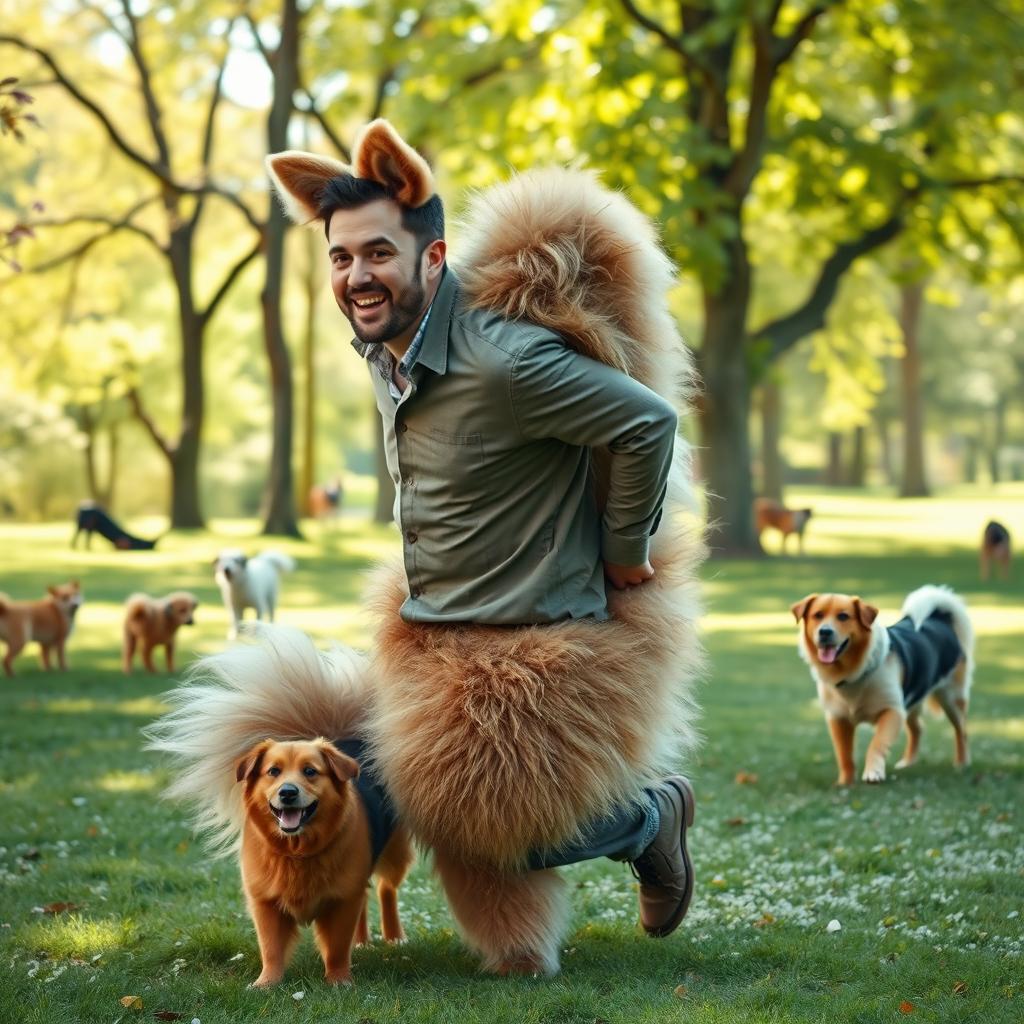 A whimsical scene of a surreal transformation, featuring a man mid-transformation into a large, fluffy dog