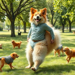 A whimsical scene of a surreal transformation, featuring a man mid-transformation into a large, fluffy dog