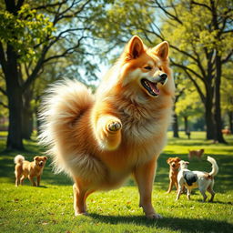 A whimsical scene of a surreal transformation, featuring a man mid-transformation into a large, fluffy dog