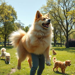 A whimsical scene of a surreal transformation, featuring a man mid-transformation into a large, fluffy dog