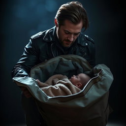 A dramatic Hollywood-style scene featuring a man who discovers a baby inside a large bag