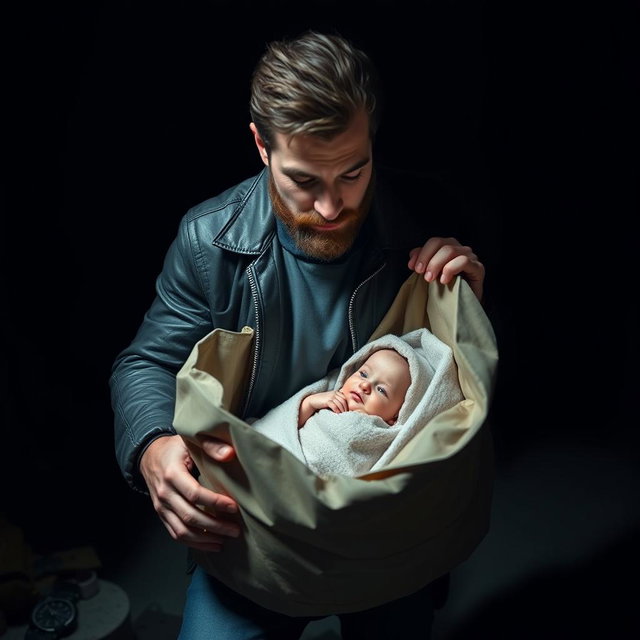A dramatic Hollywood-style scene featuring a man who discovers a baby inside a large bag
