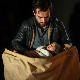 A dramatic Hollywood-style scene featuring a man who discovers a baby inside a large bag