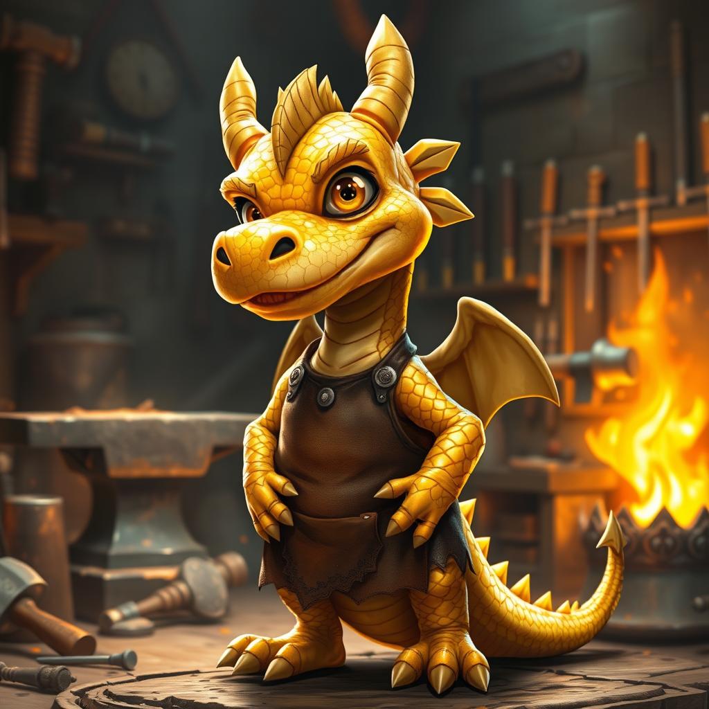 A young golden dragonborn blacksmith, with shimmering golden scales and bright, expressive eyes