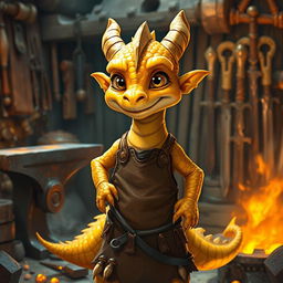 A young golden dragonborn blacksmith, with shimmering golden scales and bright, expressive eyes