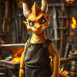A young golden dragonborn blacksmith, with shimmering golden scales and bright, expressive eyes