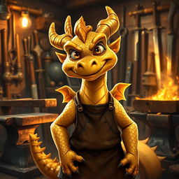 A young golden dragonborn blacksmith, with shimmering golden scales and bright, expressive eyes