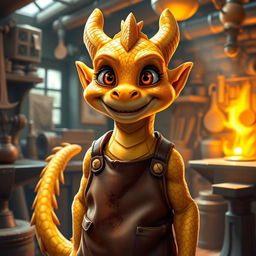 A young golden dragonborn blacksmith, with radiant golden scales that glimmer in the light