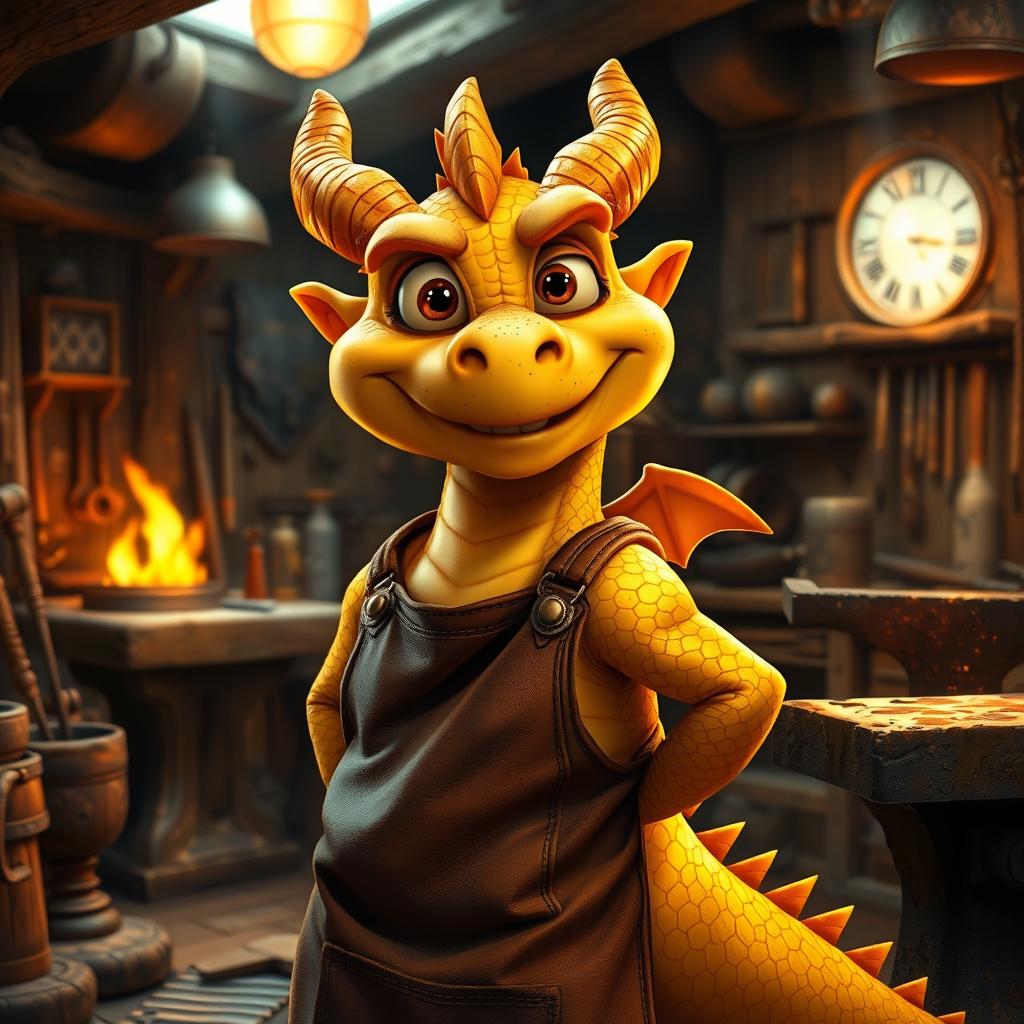 A young golden dragonborn blacksmith, with radiant golden scales that glimmer in the light