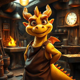 A young golden dragonborn blacksmith, with radiant golden scales that glimmer in the light