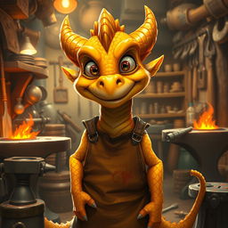 A young golden dragonborn blacksmith, with radiant golden scales that glimmer in the light