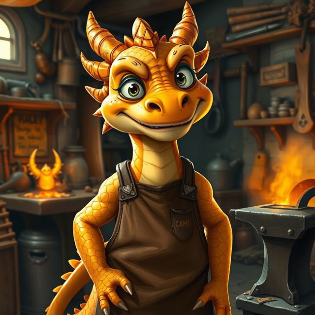 A young golden dragonborn blacksmith, with radiant golden scales that glimmer in the light