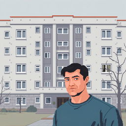 A pixel art scene depicting a man standing in front of a Russian residential building designed in the brutalist style, specifically a Khrushchev type building