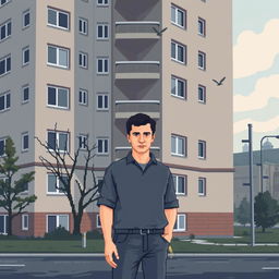 A pixel art scene depicting a man standing in front of a Russian residential building designed in the brutalist style, specifically a Khrushchev type building