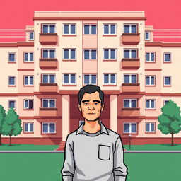 A pixel art scene depicting a man standing in front of a Russian residential building designed in the brutalist style, specifically a Khrushchev type building