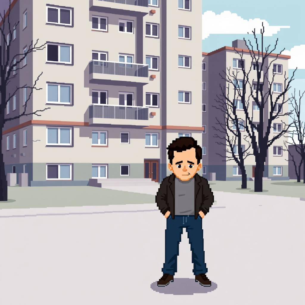 A pixel art scene depicting a man standing in front of a Russian residential building designed in the brutalist style, specifically a Khrushchev type building