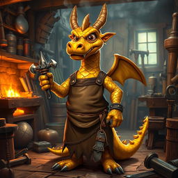 A golden dragonborn blacksmith, featuring striking golden scales with a hint of shimmer