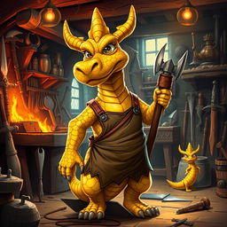 A golden dragonborn blacksmith, featuring striking golden scales with a hint of shimmer