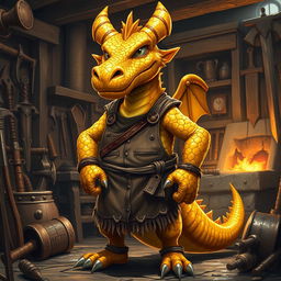 A golden dragonborn blacksmith, featuring striking golden scales with a hint of shimmer