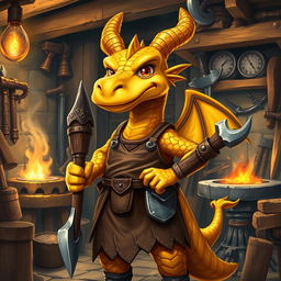 A golden dragonborn blacksmith, featuring striking golden scales with a hint of shimmer