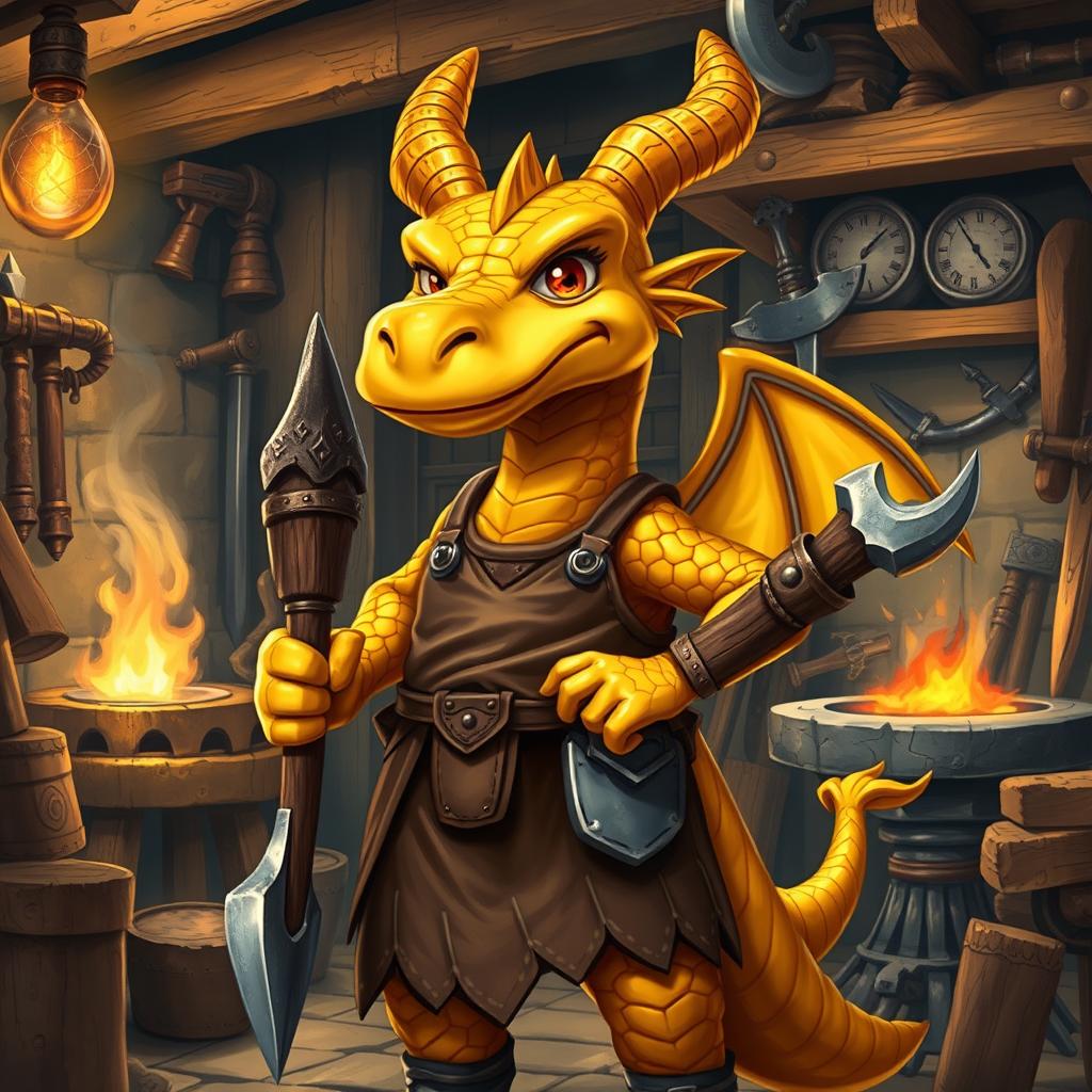 A golden dragonborn blacksmith, featuring striking golden scales with a hint of shimmer