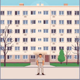 A highly minimalistic pixel art scene depicting a man standing in front of a Russian residential building in the brutalist style, particularly a Khrushchev type building
