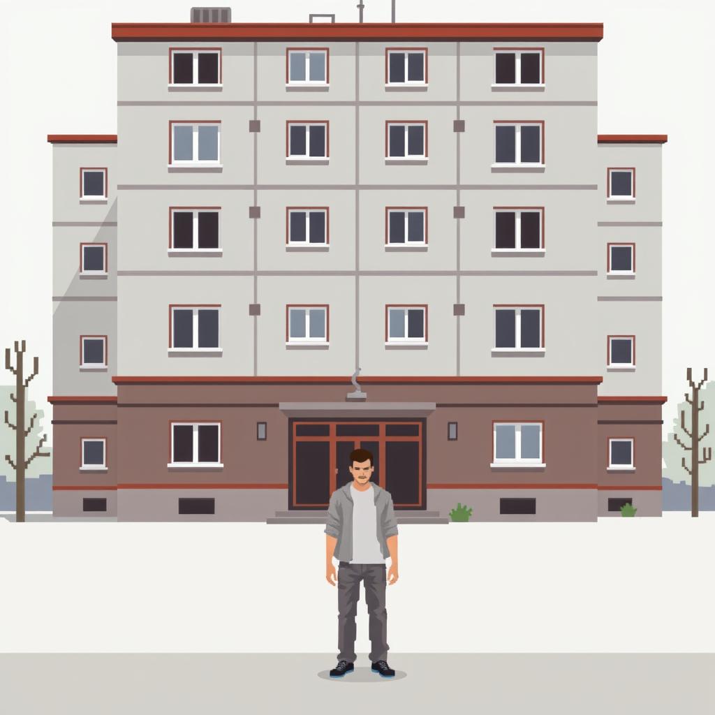 A highly minimalistic pixel art scene depicting a man standing in front of a Russian residential building in the brutalist style, particularly a Khrushchev type building