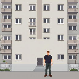 A highly minimalistic pixel art scene depicting a man standing in front of a Russian residential building in the brutalist style, particularly a Khrushchev type building