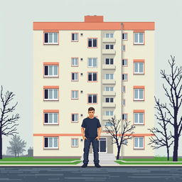 A highly minimalistic pixel art scene depicting a man standing in front of a Russian residential building in the brutalist style, particularly a Khrushchev type building