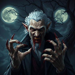 A middle-aged half-elf vampire, characterized by his unique features: balding with curly white hair, exuding an aura of ancient wisdom