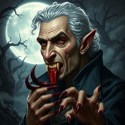 A middle-aged half-elf vampire, characterized by his unique features: balding with curly white hair, exuding an aura of ancient wisdom
