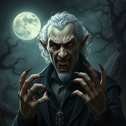 A middle-aged half-elf vampire, characterized by his unique features: balding with curly white hair, exuding an aura of ancient wisdom