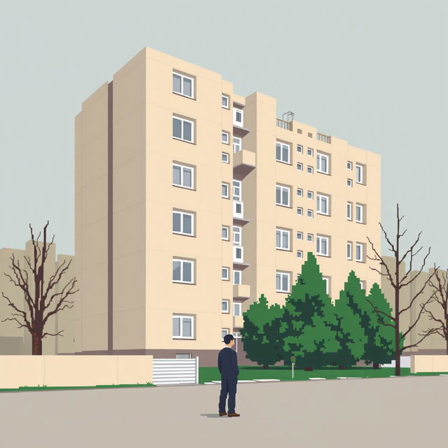 A highly minimalistic pixel art scene featuring a man standing in front of a Russian residential building of brutalist architecture, specifically a Khrushchev type