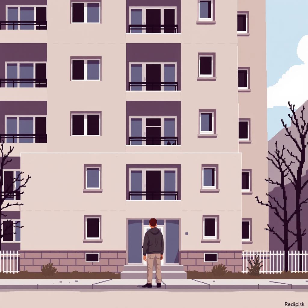 A highly minimalistic pixel art scene featuring a man standing in front of a Russian residential building of brutalist architecture, specifically a Khrushchev type