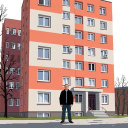 A highly minimalistic pixel art scene featuring a man standing in front of a Russian residential building of brutalist architecture, specifically a Khrushchev type