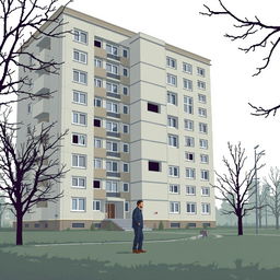 A highly minimalistic pixel art scene featuring a man standing in front of a Russian residential building of brutalist architecture, specifically a Khrushchev type