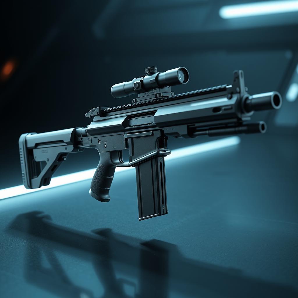 A highly detailed and realistic depiction of the Artemis Rifle, featuring a sleek, futuristic design with a matte black finish