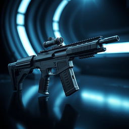 A highly detailed and realistic depiction of the Artemis Rifle, featuring a sleek, futuristic design with a matte black finish