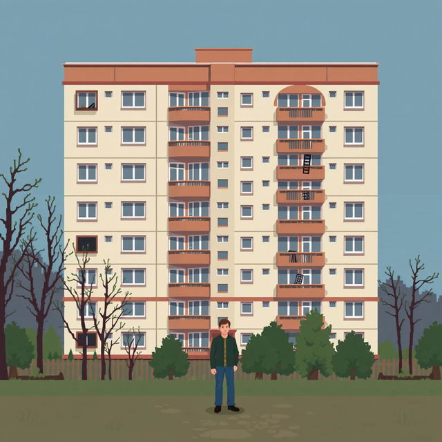 A pixel art scene featuring a man standing in front of a Russian residential building in the brutalist style, specifically a Khrushchev type building
