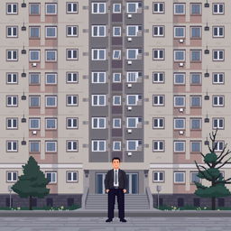 A pixel art scene featuring a man standing in front of a Russian residential building in the brutalist style, specifically a Khrushchev type building