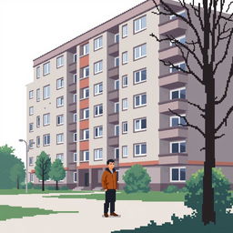 A pixel art scene featuring a man standing in front of a Russian residential building in the brutalist style, specifically a Khrushchev type building