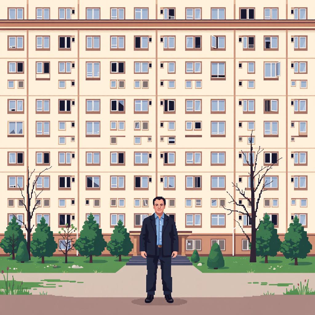 A pixel art scene featuring a man standing in front of a Russian residential building in the brutalist style, specifically a Khrushchev type building
