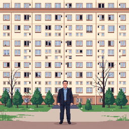 A pixel art scene featuring a man standing in front of a Russian residential building in the brutalist style, specifically a Khrushchev type building