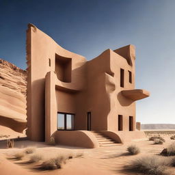 A distinct and beautiful architectural masterpiece, carved from sandstone, standing amidst the spare and stark beauty of a desert, styled in avant-garde aesthetics.