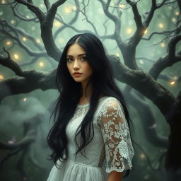 A portrait of a mysterious woman named Jane Doe, surrounded by an ethereal mist in a whimsical forest