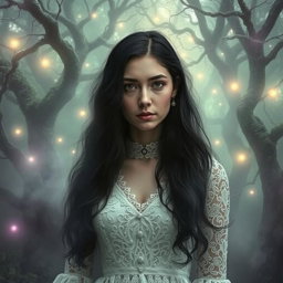 A portrait of a mysterious woman named Jane Doe, surrounded by an ethereal mist in a whimsical forest