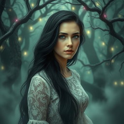 A portrait of a mysterious woman named Jane Doe, surrounded by an ethereal mist in a whimsical forest