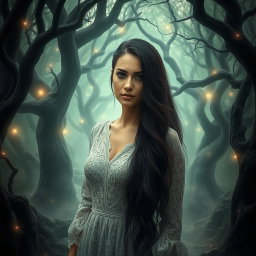 A portrait of a mysterious woman named Jane Doe, surrounded by an ethereal mist in a whimsical forest